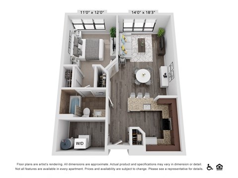 Floor plan for 1 bed, 1 bath, 715 sqft